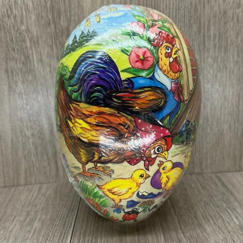 Vintage Western Germany Paper Mache Easter Egg Candy Container Hen & Chicks
